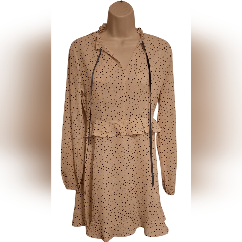 Nasty Gal Beige Long Sleeve Dress with Black Dots